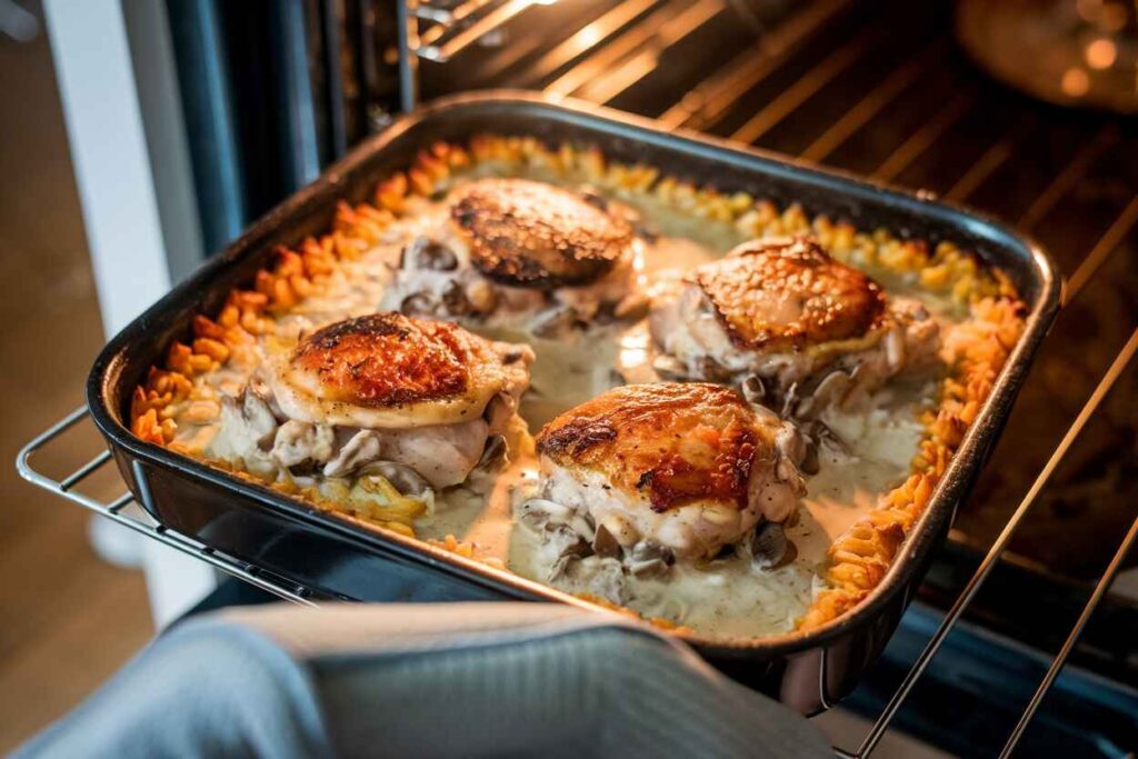 A bubbling, golden-brown dish of Cream of Mushroom Chicken and Rice coming out of the oven.