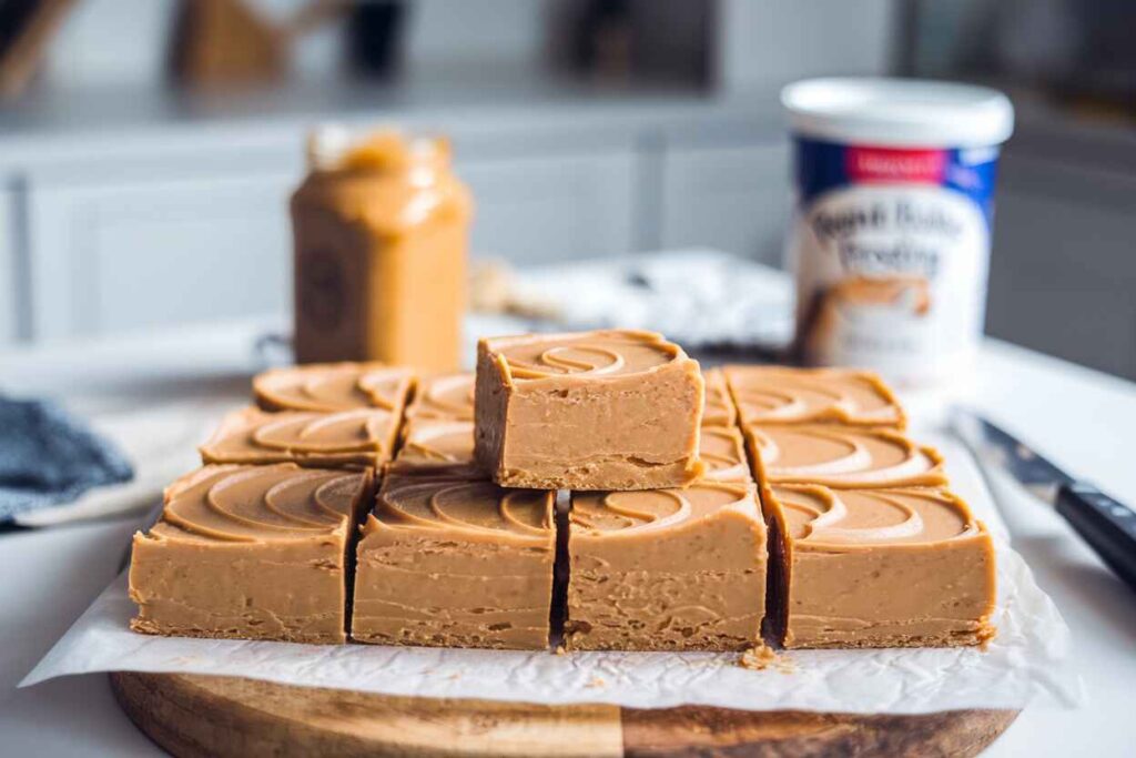 A batch of peanut butter and frosting fudge cut into neat squares, with a smooth, creamy texture and rich peanut butter color.