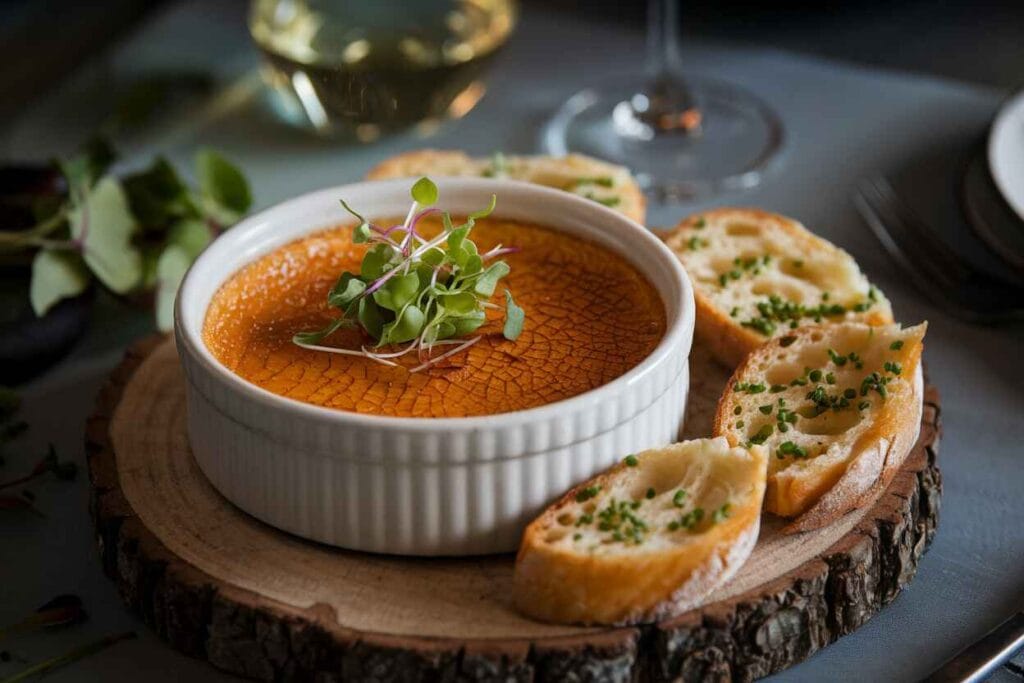 A beautifully plated crab brulee with fresh herbs and a side of garlic crostini.