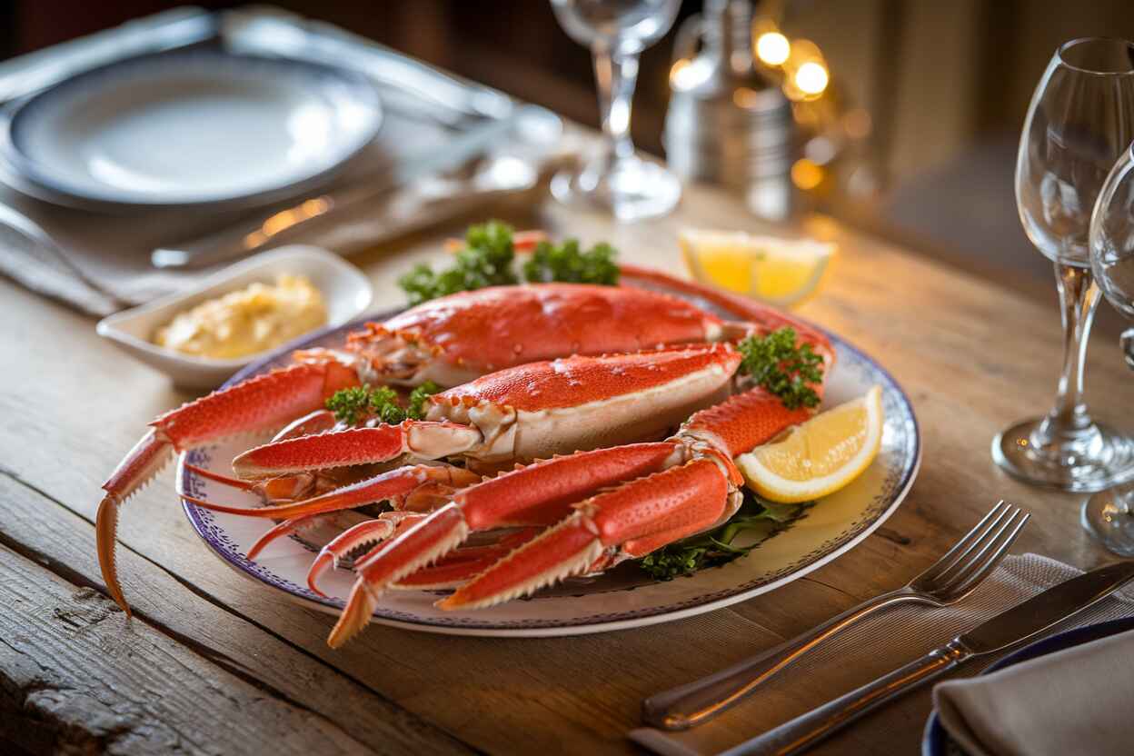 Snow crab legs served on a wooden plate with lemon wedges and a side of melted garlic butter.