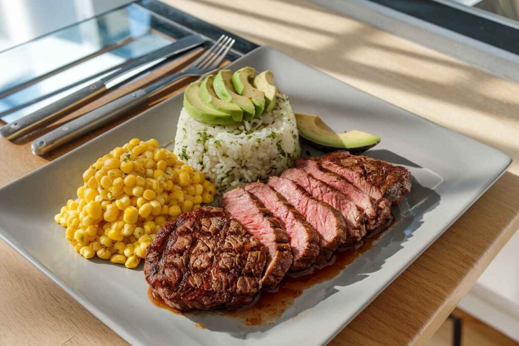 A beautifully sliced chipotle steak served with creamy Mexican street corn, cilantro lime rice, and fresh avocado slices.