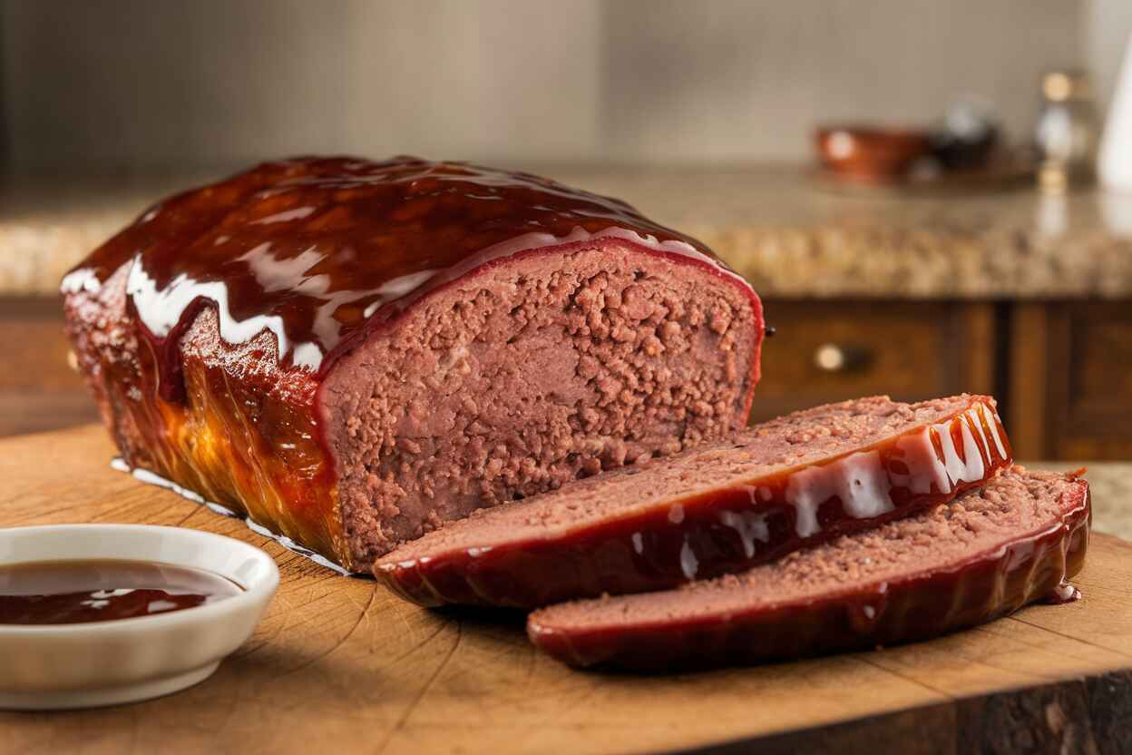 A sliced smoked meatloaf with a deep pink smoke ring, tender interior, and caramelized barbecue glaze, sitting on a wooden cutting board.