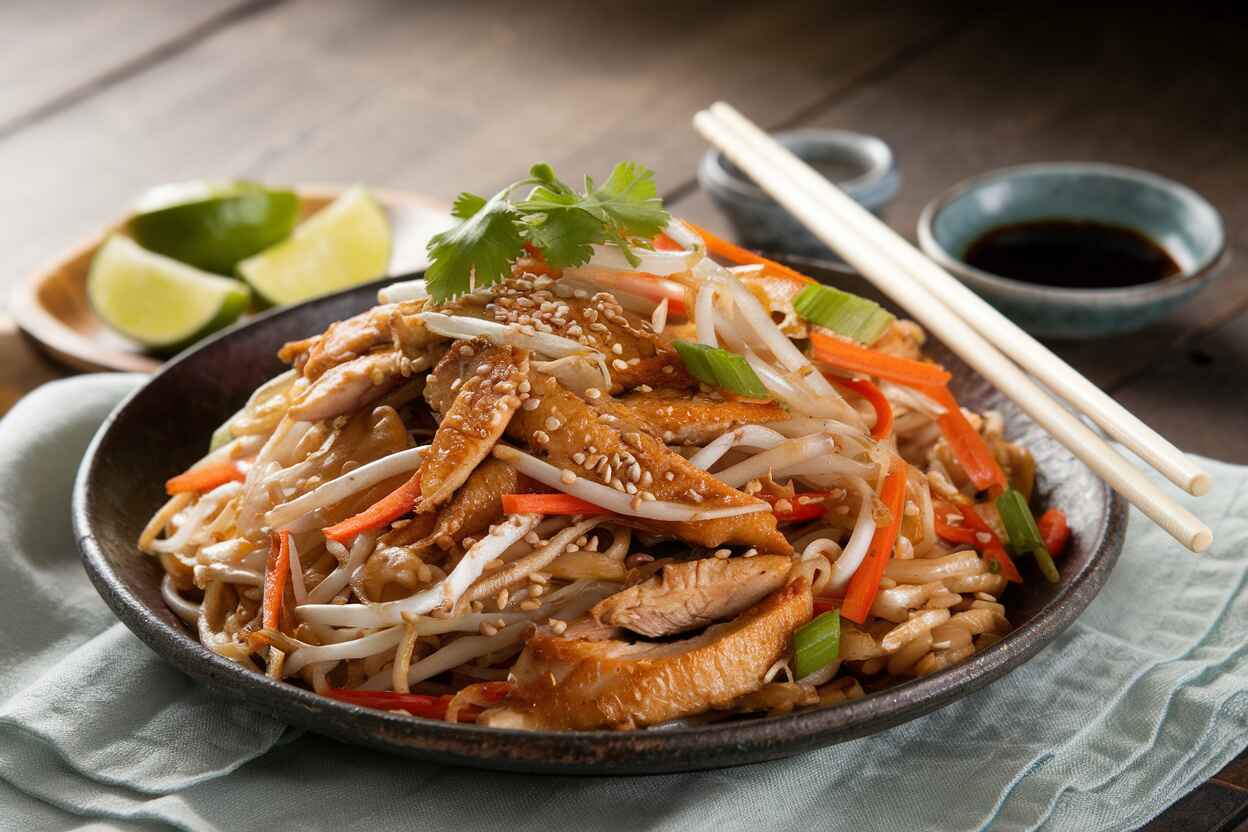 A plate of Chicken Mei Fun with stir-fried vegetables, tender chicken, and fresh herbs.