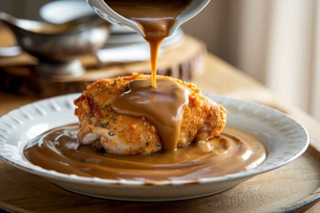 A spoon ladling thick, golden-brown gravy over juicy chicken.