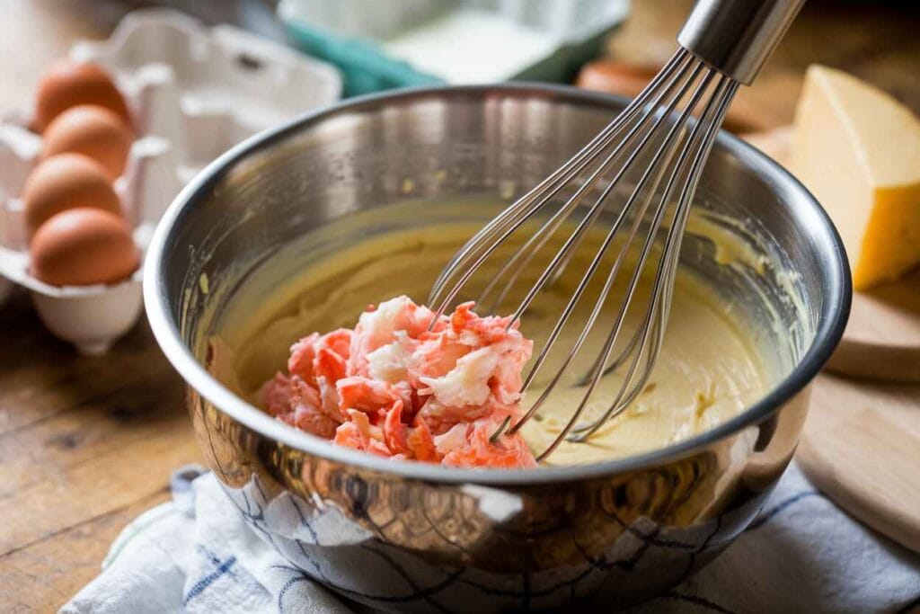 Whisking heavy cream, egg yolks, and crab meat in a mixing bowl.
