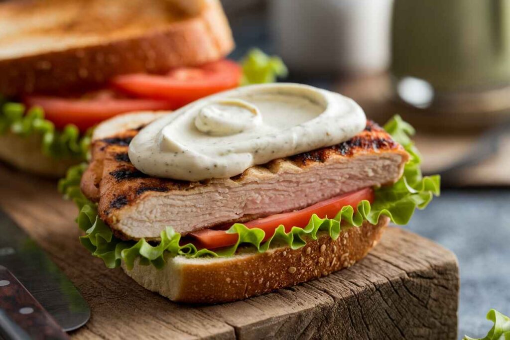 A creamy ranch dip spread on a toasted sandwich bun with grilled chicken.