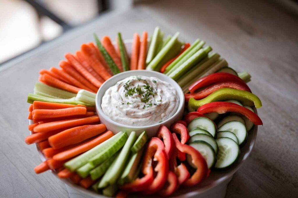 A bowl of creamy ranch dip surrounded by fresh carrots, celery, and bell pepper slices.