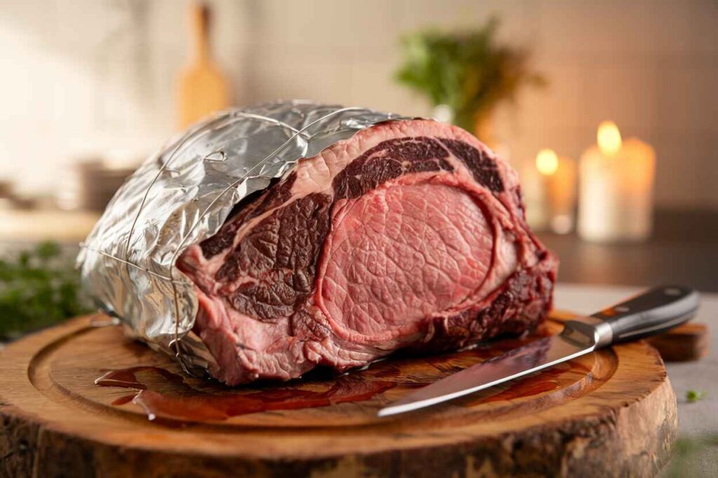 A freshly roasted ribeye resting on a wooden board before being sliced.