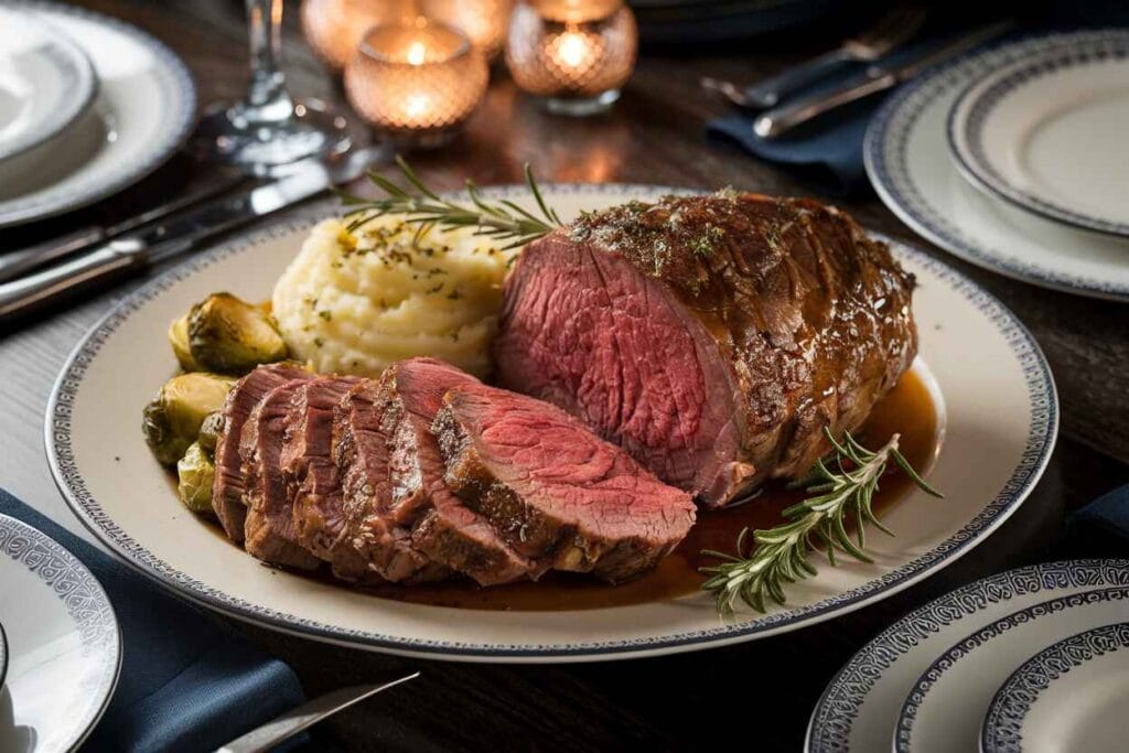 Sliced ribeye roast plated with creamy mashed potatoes and roasted Brussels sprouts.