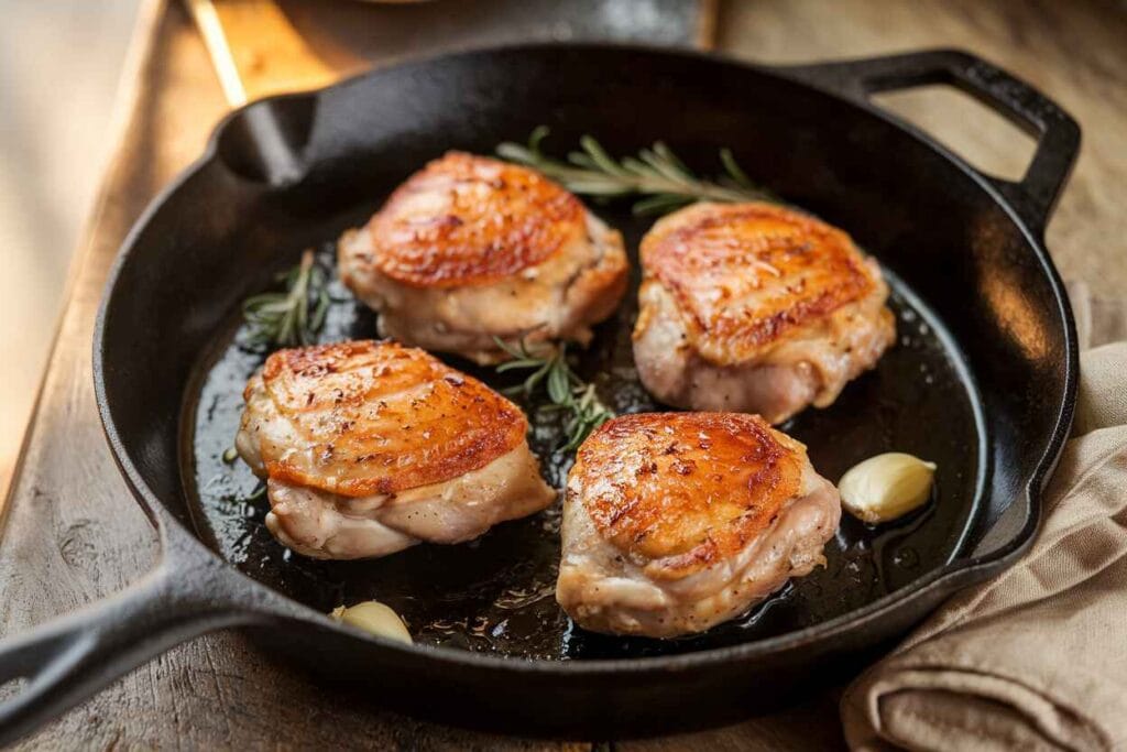 Chicken thighs sizzling in a pan, getting a golden-brown crust for gravy.