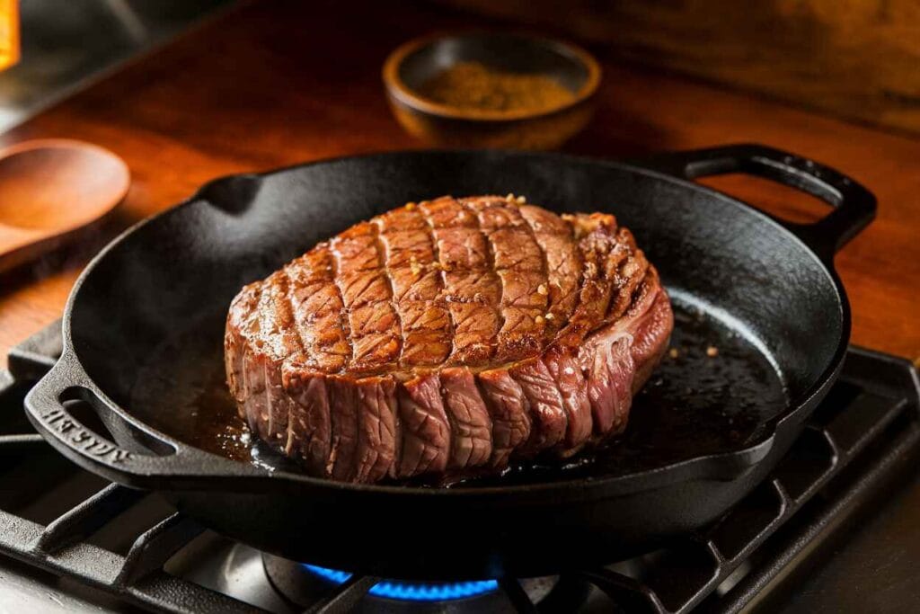 A ribeye roast being seared in a hot cast-iron skillet with butter and garlic.
