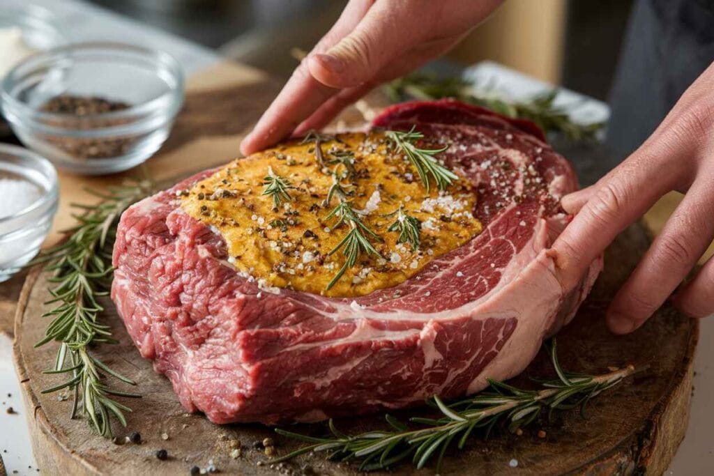 A ribeye roast recipe being seasoned with fresh herbs, butter, salt, and pepper on a wooden board.