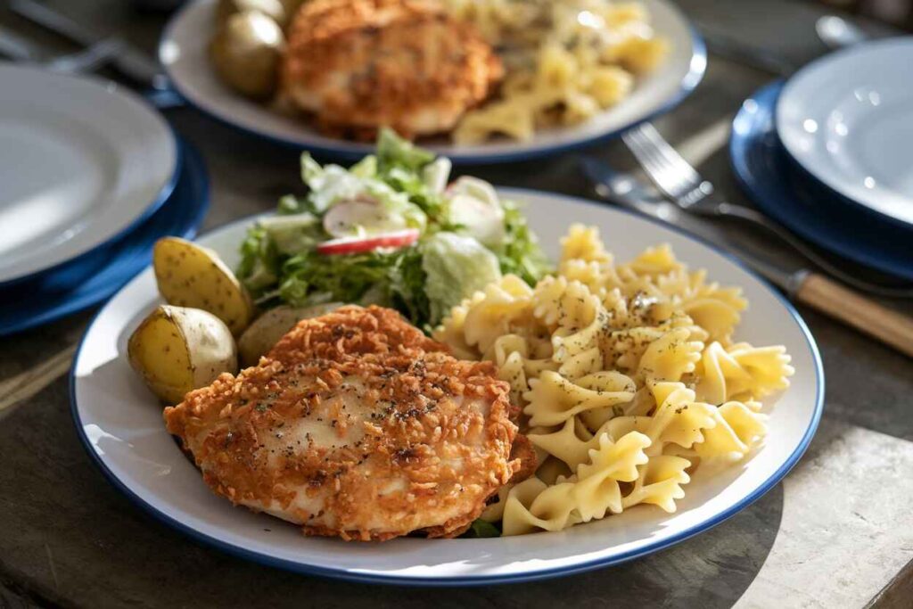 Crispy Chicken Fritta with roasted potatoes, salad, and garlic butter pasta.