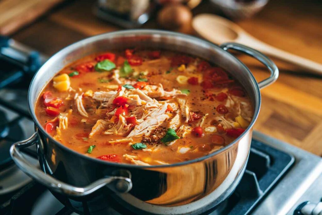 A pot of chicken tortilla soup simmering with tomatoes, spices, and shredded chicken.