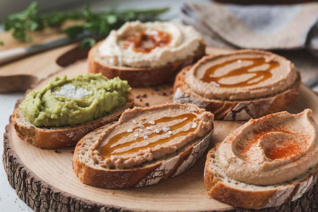 Several slices of gluten-free sourdough bread topped with avocado, nut butter, and hummus.