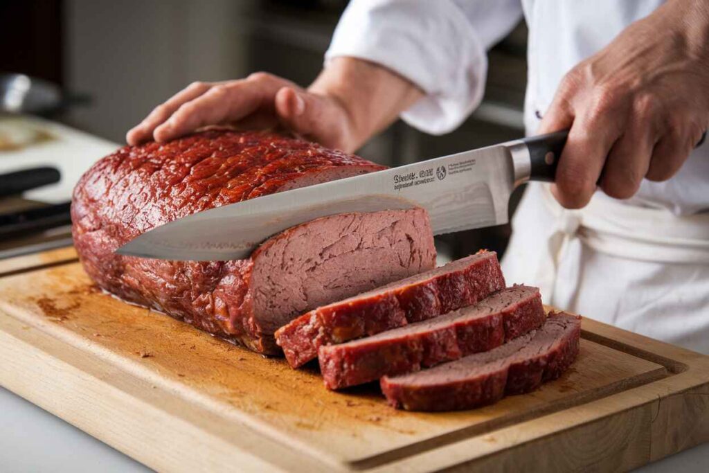 A sharp knife slicing through a smoked meatloaf, revealing its juicy interior and signature smoke ring.