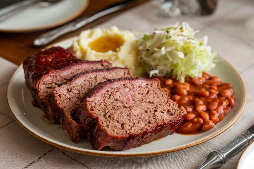A thick slice of smoked meatloaf recipe plated with mashed potatoes, smoky baked beans, and a side of tangy coleslaw.
