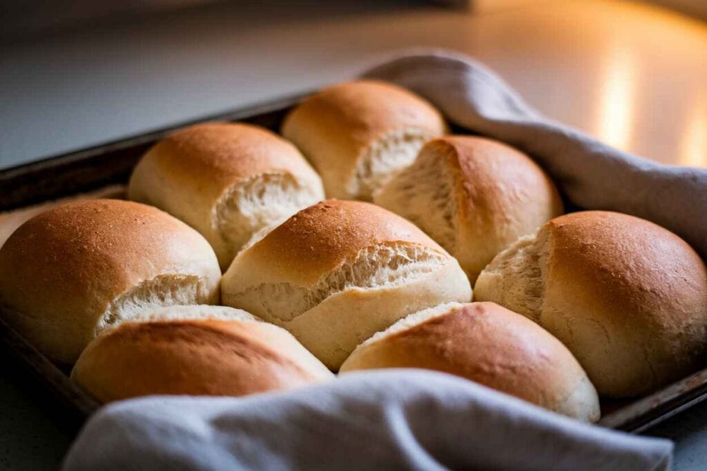 A tray of freshly baked gluten-free sourdough dinner rolls, golden and fluffy.