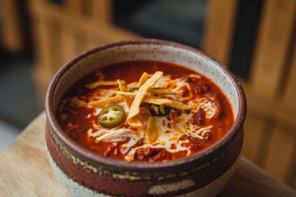 A spicier version of creamy chicken tortilla soup with extra chipotle peppers and cheese.