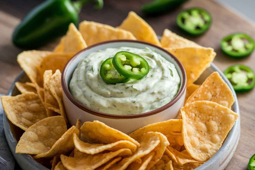 A bowl of spicy jalapeño ranch dip with diced jalapeños on top, served with tortilla chips.
