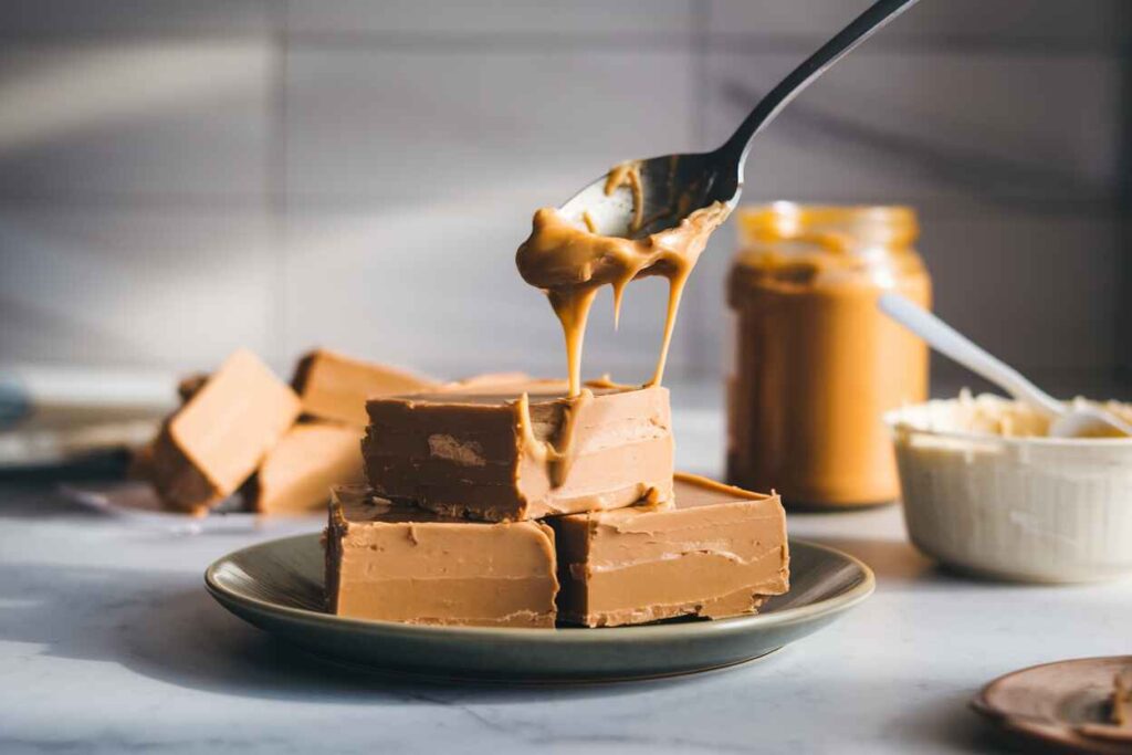 A piece of peanut butter and frosting fudge that looks too soft and sticky, struggling to hold its shape