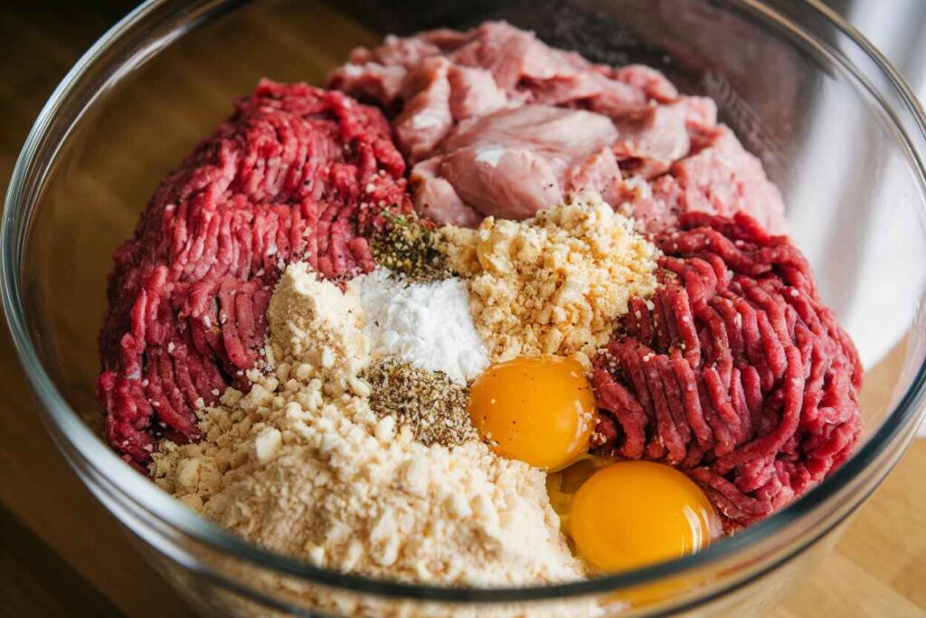 A bowl of ground beef and turkey being mixed with breadcrumbs, eggs, and seasonings in a casual home kitchen