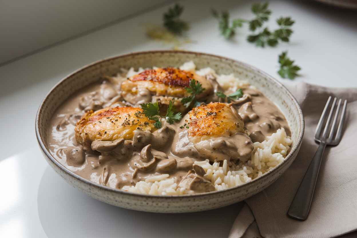 A creamy, rich, one-pan dish featuring tender chicken and perfectly cooked rice in a savory mushroom sauce.