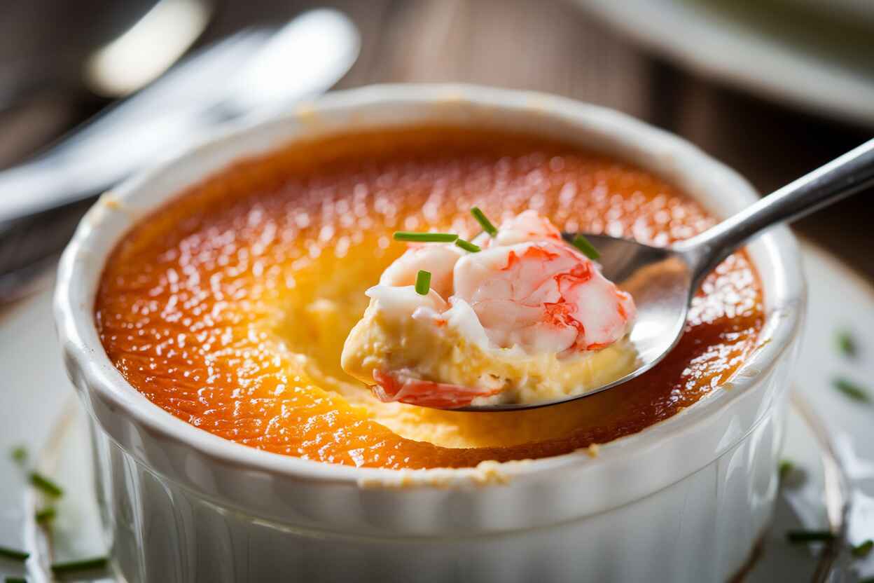 Elegant crab brulee recipe with a golden caramelized crust, served in a white ramekin.