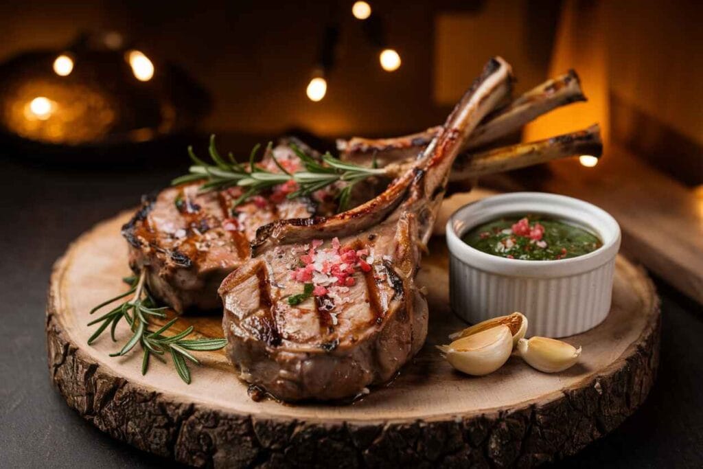 Juicy grilled mutton chops with a golden-brown sear, garnished with rosemary and served with chimichurri sauce.
