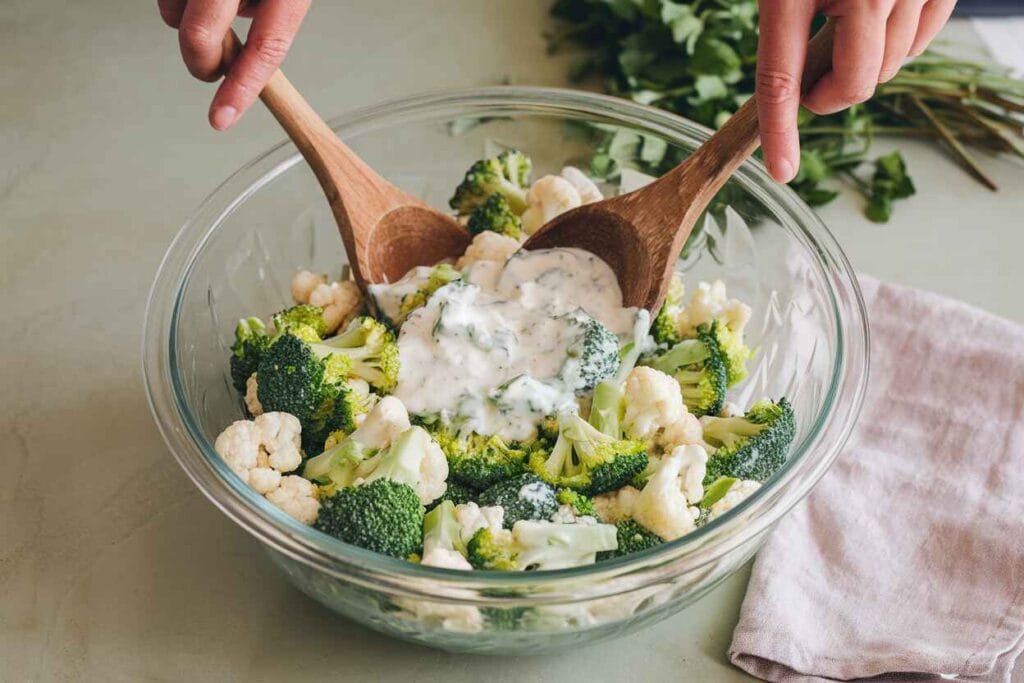 A large mixing bowl filled with broccoli cauliflower salad being tossed with a creamy dressing.