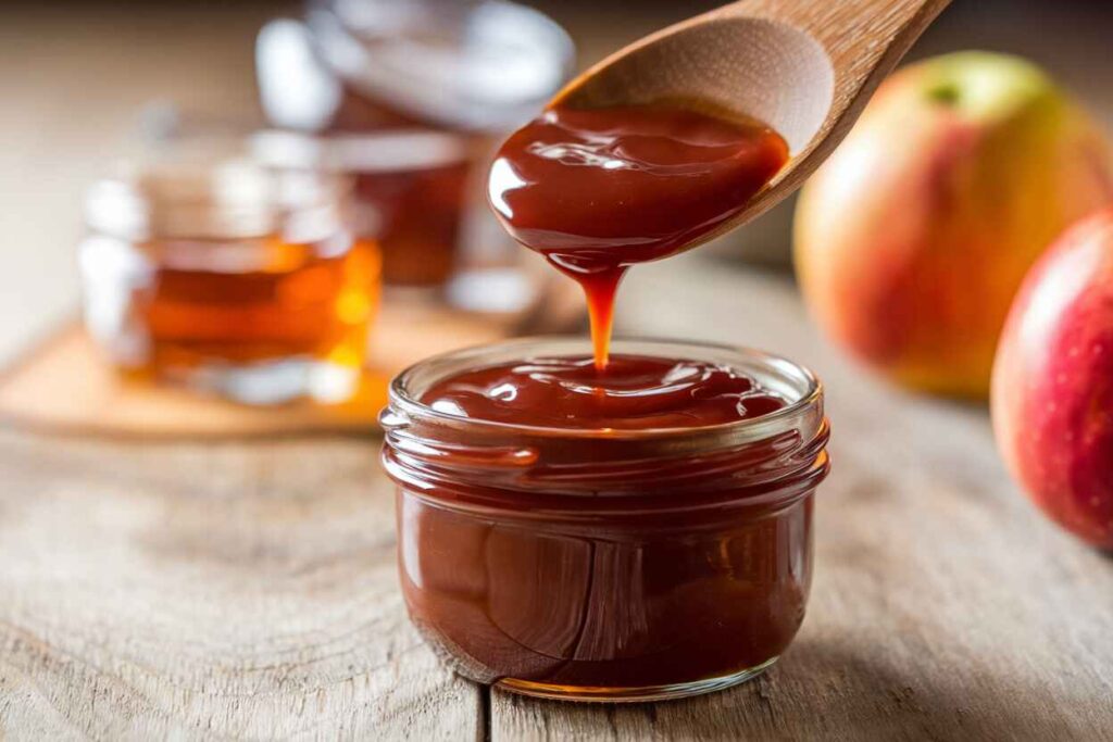 A rich and glossy 3 ingredient BBQ sauce being drizzled into a glass jar, surrounded by fresh ingredients like ketchup, honey, and apple cider vinegar.