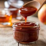 A rich and glossy 3 ingredient BBQ sauce being drizzled into a glass jar, surrounded by fresh ingredients like ketchup, honey, and apple cider vinegar.