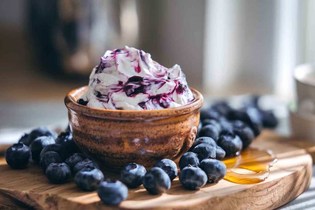 A bowl of homemade blueberry cream cheese with a creamy texture, swirled with fresh blueberry sauce, and surrounded by whole blueberries.