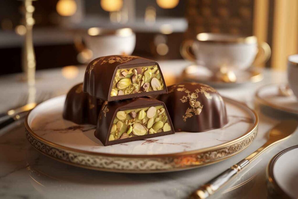 A Dubai chocolate bar with a glossy dark chocolate shell, elegantly broken open to reveal a creamy pistachio filling with edible gold flakes.