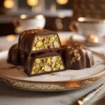 A Dubai chocolate bar with a glossy dark chocolate shell, elegantly broken open to reveal a creamy pistachio filling with edible gold flakes.